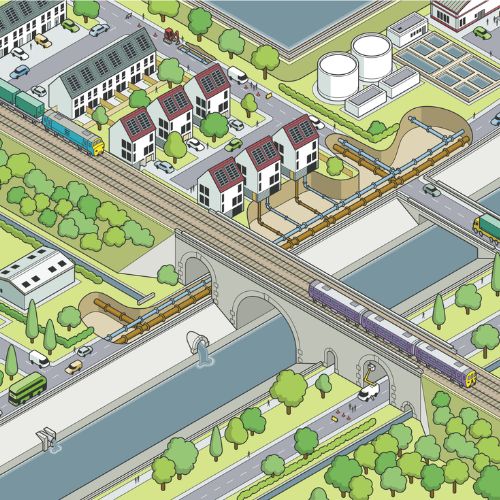 A digital graphic depicting roads, railways, water systems and flood defences.
