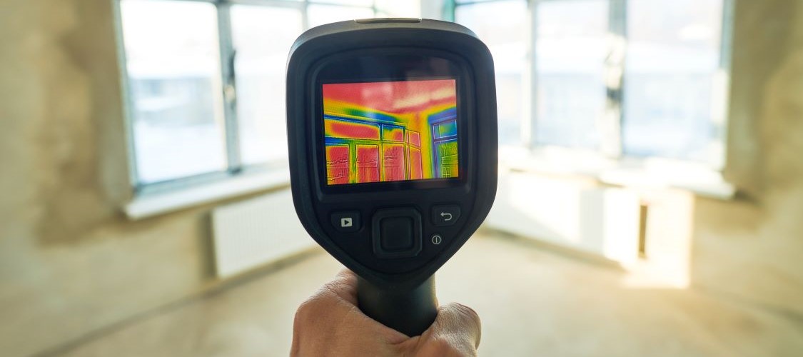 A thermal imaging camera shows heat loss spots around some windows as part of an inspection.